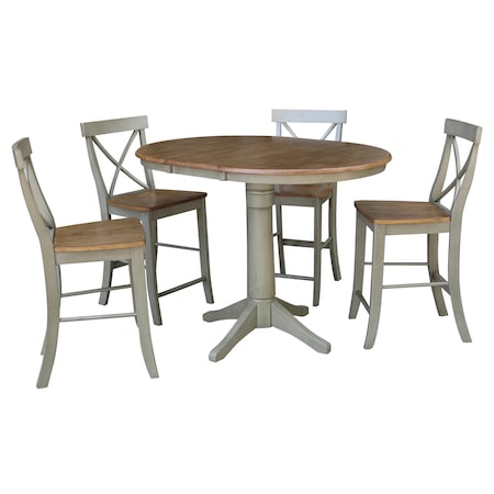 International Concepts Round 36 in Rd Extension Dining Table, 4 X-Back Counter Ht Stools, Hickory/Stone, 36 W, 48 L, Wood K41-36RXT-27B-S6132-4